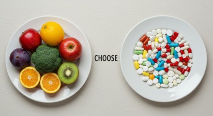 Healthy Eating Versus Medication: A Choice for Wellness - Fruits, vegetables, and pills represent choices for health. Wellness, nutrition, and lifestyle are key concepts. The symbolizes diet
