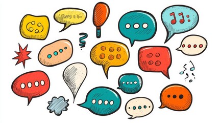 Colorful speech bubbles in various shapes and sizes, perfect for illustrating conversations or ideas.