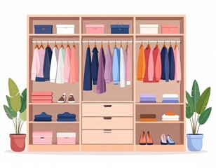 Organized Wooden Wardrobe With Colorful Clothes