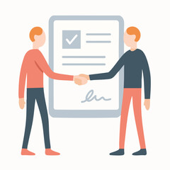 Flat Illustration Two People Handshake in Front of Agreement Contract Concept