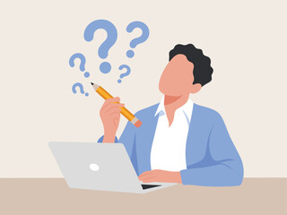 Thoughtful Man at Desk with Pencil and Laptop Illustration