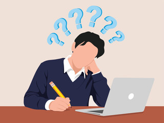 Thoughtful Man at Desk with Pencil and Laptop Illustration