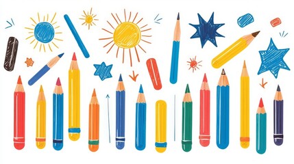 Colorful collection of drawing tools and creative elements for artistic projects and educational materials.