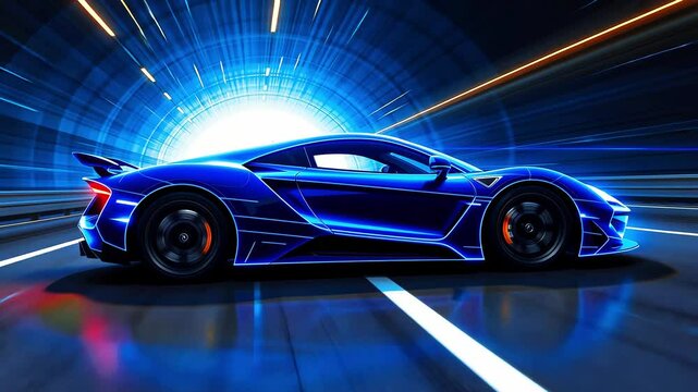 Futuristic cyber car driving on road at night, cartoon vector style. Neon lights illuminate tunnel, high-speed racing concept, sports car