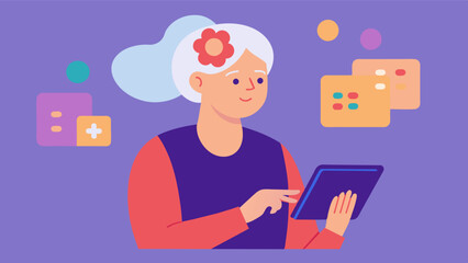 A woman with Alzheimers disease using a tablet to play memory games helping to delay the progression of her condition and maintain her cognitive function.. Vector illustration