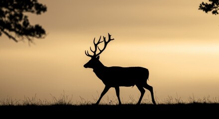 Majestic Stag Silhouette at Sunset - A silhouetted stag with large antlers walks across a grassy hill at sunset. Peaceful wildlife scene