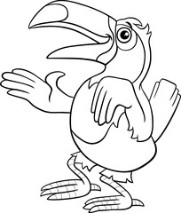cartoon toucan bird character waving its wing and greeting coloring page