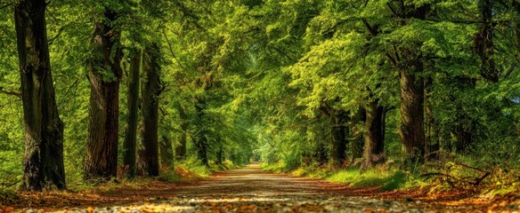 Fototapeta premium The serene forest pathway surrounded by vibrant green trees and sunlight.