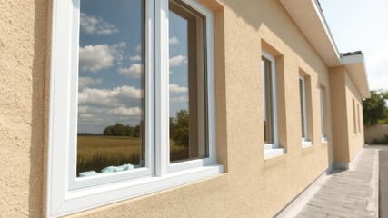 Exterior Wall with Windows Reflecting a Sunny Sky and Natural Landscape, showcasing modern architecture and design
