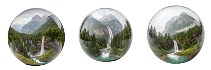 Set of A glass ball with a mountain landscape isolated on a transparent background