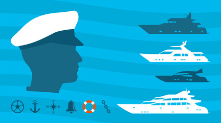 Marine icons and motorboats silhouettes