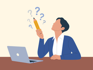 Thoughtful Man at Desk with Pencil and Laptop Illustration