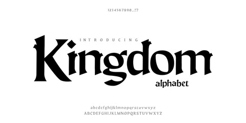 Font the Kingdom. Vintage typeface design. Graphic display alphabet. Fantasy type of letters. Latin characters, numbers. Vector illustration. Old badge, label, logo template. theme Royal, castle, 