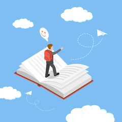 3D Isometric Flat Vector Illustration of Booklover, Joyful Young Man Soars Through Pages Into Enchanted Fairytale Realm