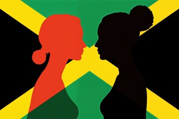 two women are facing each other in front of a jamaican flag