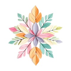 Geometric snowflake made of colored leaves on white background