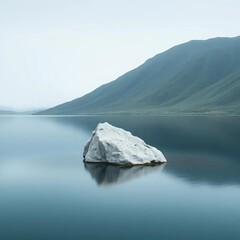 White stone in the lake. Minimalistic mountain landscape