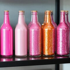 Transparent bottles with colored glitter on the shelf