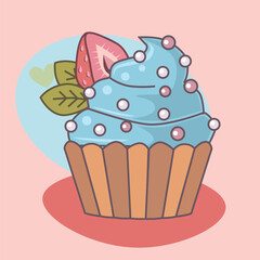 Cute cupcake with blue frosting, decorated with pink and white sprinkles, strawberry slice, and green leaves, cartoon style 