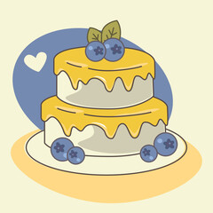 Two-tier cake with yellow icing and fresh blueberries, decorated with green leaves, cartoon style dessert illustration