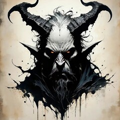 Artistic illustration of a mystical dark hero - Satan. Beige background