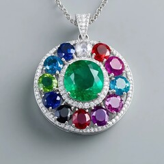 Close up of silver jewelry with colored gemstones. Pendant on gray background