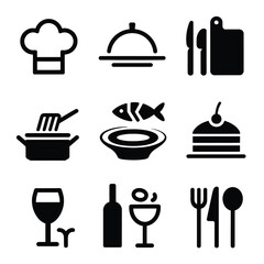 vector icons cooking food chef hat include a pizza slice, a sushi roll, spaghetti and meatballs, a curry bowl burger , fish 
