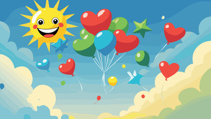Naklejka premium Cheerful sun smiling with colorful balloons in a bright blue sky