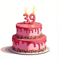 a pink birthday cake with candles on it