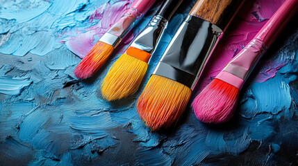 Group of paintbrushes are displayed on a blue background. The brushes are of different colors and sizes, and they are arranged in a way that creates a sense of harmony and balance