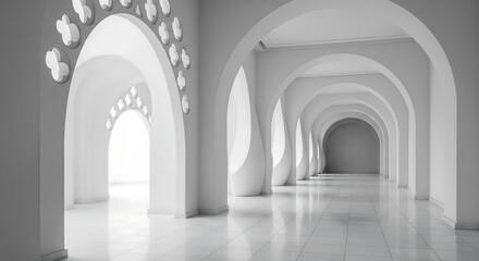 Fototapeta premium Arched white brick hallway with perspective and grandeur, ideal for architectural backgrounds