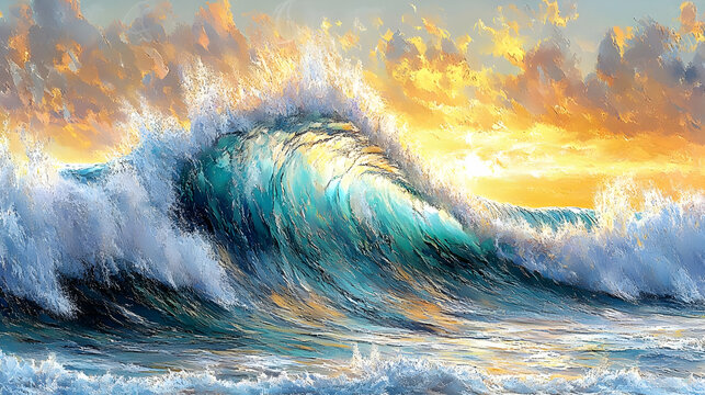 Powerful Ocean Wave at Sunset