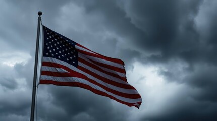 An American flag billows against a backdrop of dark ominous storm clouds