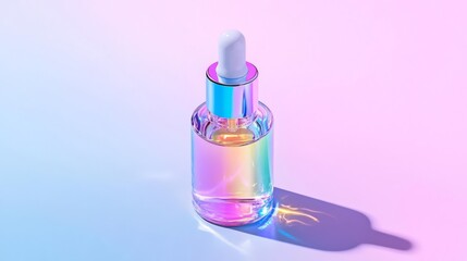 Naklejka premium A vibrant glass dropper bottle reflecting pastel colors against a soft gradient background.