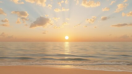Gentle waves lap against the sandy shore as the sun dips below the horizon, painting the sky with warm, inviting pastel colors