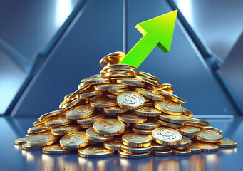 Golden Coin Stack with Upward Green Arrow – Finance and Profit Growth Concept Generative AI
