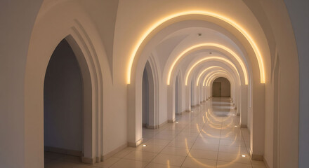 White brick hallway with arched design and grandeur, ideal for backgrounds and architecture