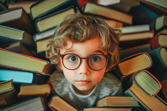 Young child is surrounded by a pile of books and wearing glasses. Concept of curiosity and wonder, as the child is likely exploring the world of literature and learning