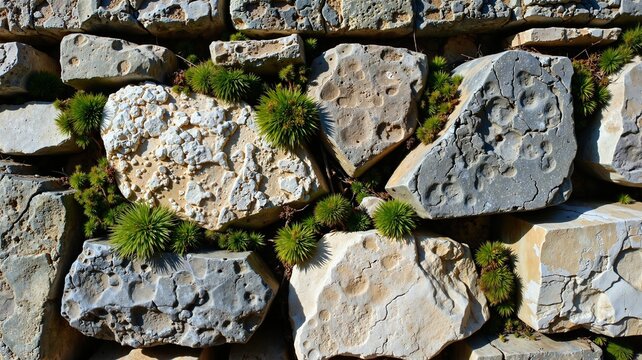 A natural stone wall adorned with boulders and patches of green grass and moss, creating a rustic and serene landscape