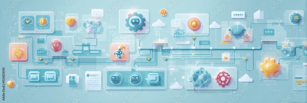 Poster AI-driven Process Automation Flowchart With Clean Tech Design Featuring Robot Icons and Gears in a Pastel User Interface Setting