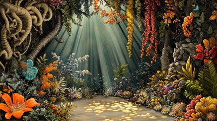 Obraz premium Sunlit path through a vibrant, fantasy forest.