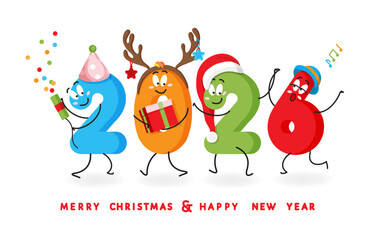 Fototapeta premium 2026 Happy New Year and Merry Christmas greeting vector banner. Cheerful smiling cartoon numbers in Santa and party hats, deer horns, celebrate holiday, singing, use flapper, dancing, carry gift box