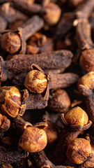 A close-up view captures the rich textures and earthy tones of cloves, highlighting their unique shapes and natural hues. The arrangement showcases their distinct appeal.
