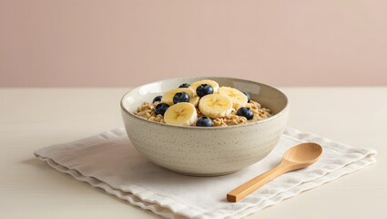 Healthy oatmeal breakfast bowl with banana and blueberries