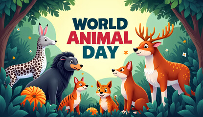 Fototapeta premium Happy World Animal Day Celebration with Cute Cartoon Animals
