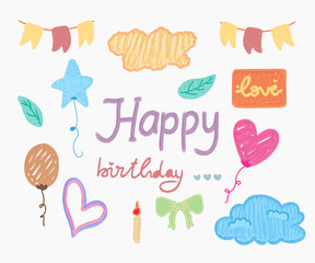 Colorful birthday doodle set with cream textured brush strokes in celebration theme