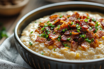 Crispy Bacon Topping on Creamy Cornmeal Porridge – Savory Breakfast Delight