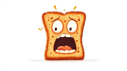 A frightened slice of bread with exaggerated facial features, showcasing a unique and fun character.