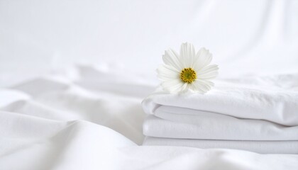 Obraz premium Fresh White Bedding and Cosmos Flower Minimalist Photography.