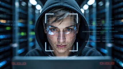 Hacker with face recognition grid in a data center.